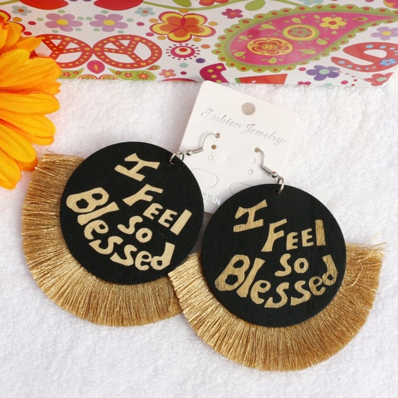 Large Boho Christian Earrings Wood Fan Tassel - Picture 1 of 4